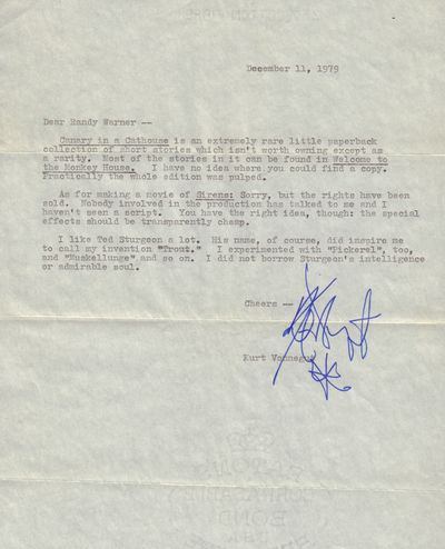 Image for Typed letter signed with interesting content re: Canary in a Cat House, Sirens of Titan and the name Kilgore Trout.